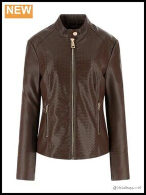 GUESS Faux Leather Biker Jacket Women Moto Short Sleeve Zip